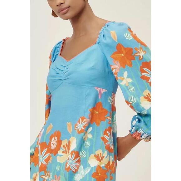 Farm Rio Linen Blend Floral Printed Mini Dress Long Sleeves Size L Spring Garden - Picture 3 of 3